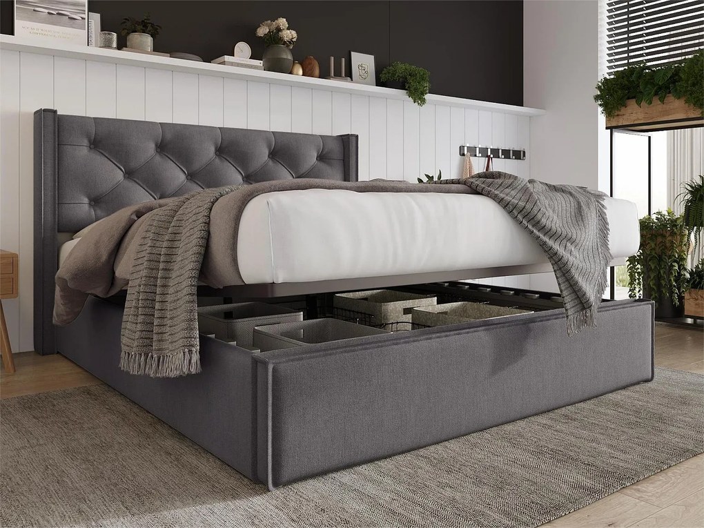 Łóżko z pojemnikiem, wyściełane bawełną, 140x200 cm, w zestawie stelaż z listew, ciemnoszare