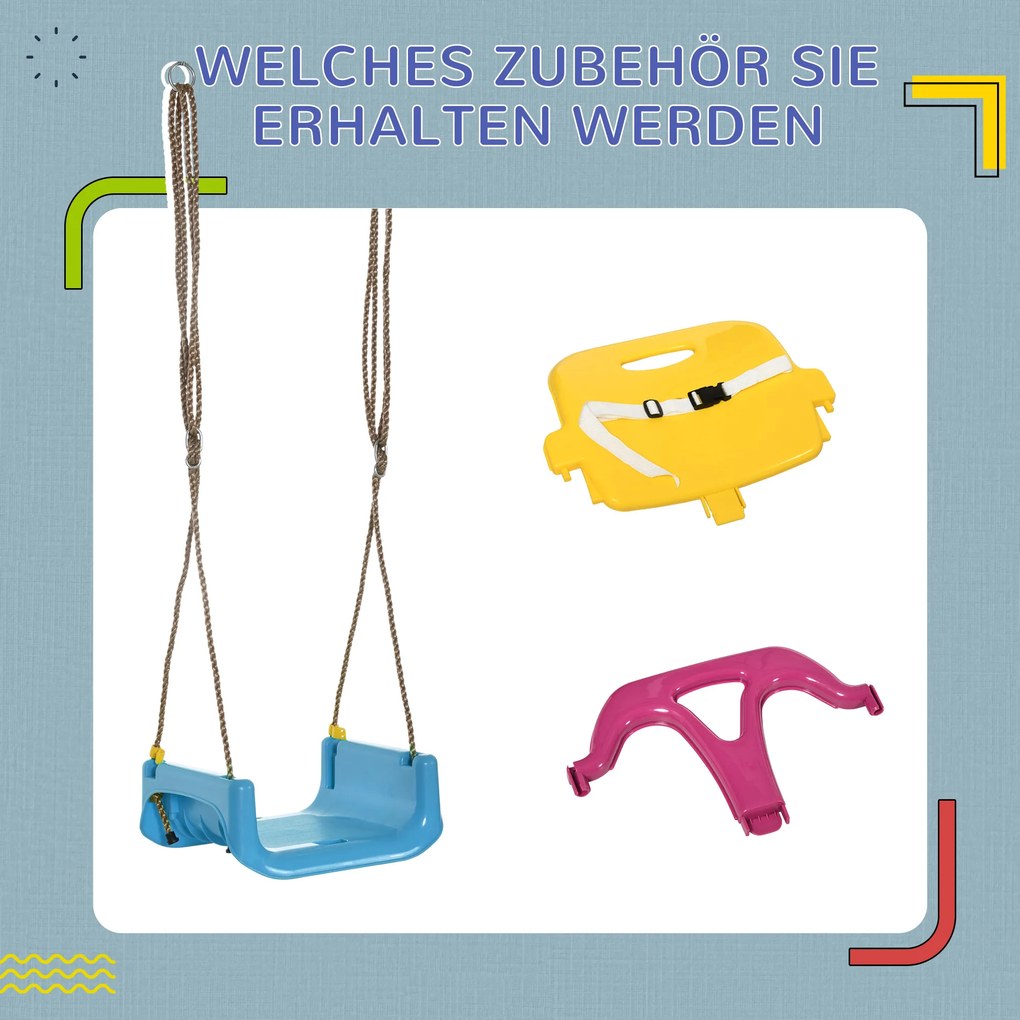 Outsunny huśtawka 3w1 dla dzieci z regulacją sznurka niebieska żółta fioletowa bezpieczna zabawa | Aosom PL