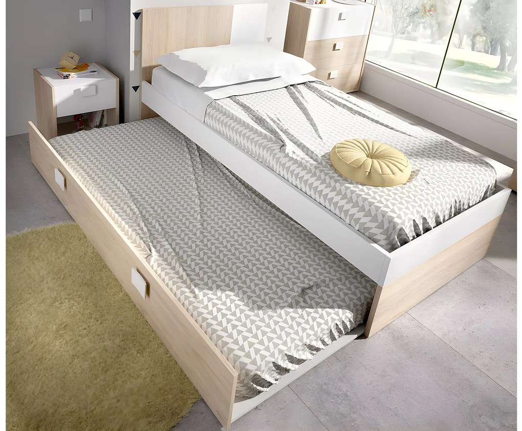 Wysuwane łóżko 2 × 90 × 190 cm – MDF – Kolor: Naturalny i biały + materac + stelaż- SONIA
