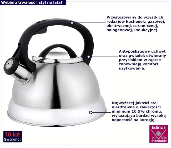 Tradycyjny srebrny czajnik z gwizdkiem 2,3L W3-C94