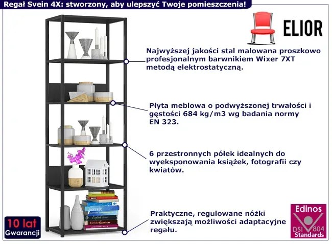 Czarny regał z metalowym stelażem - Svein 4X