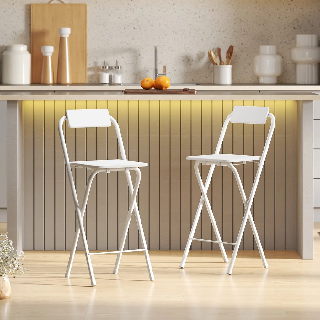 HOMCOM Hokery Barowe 2 szt., Składane Krzesła z Metalową Ramą, Oparciem i Podnóżkiem, 37 x 45 x 87 cm, Białe | Aosom PL