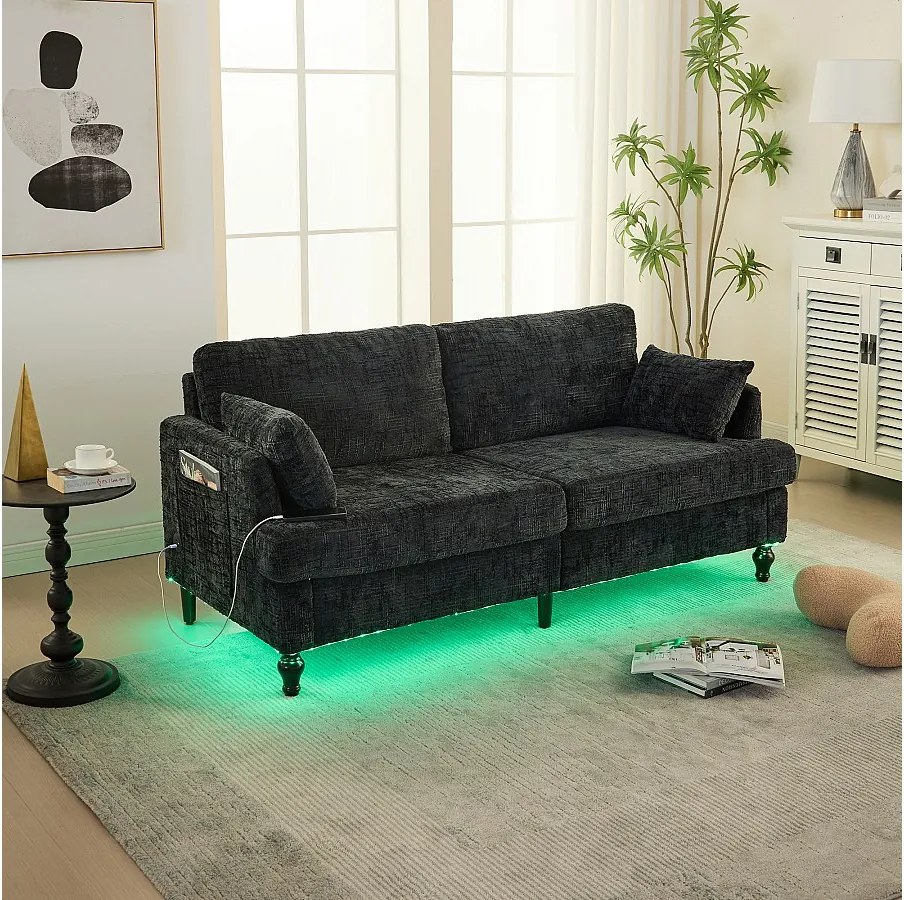 Sofa 2-osobowa w kolorze czarnym - Prosta sofa ze schowkiem i oświetleniem LED - port ładowania USB i drewniane nogi