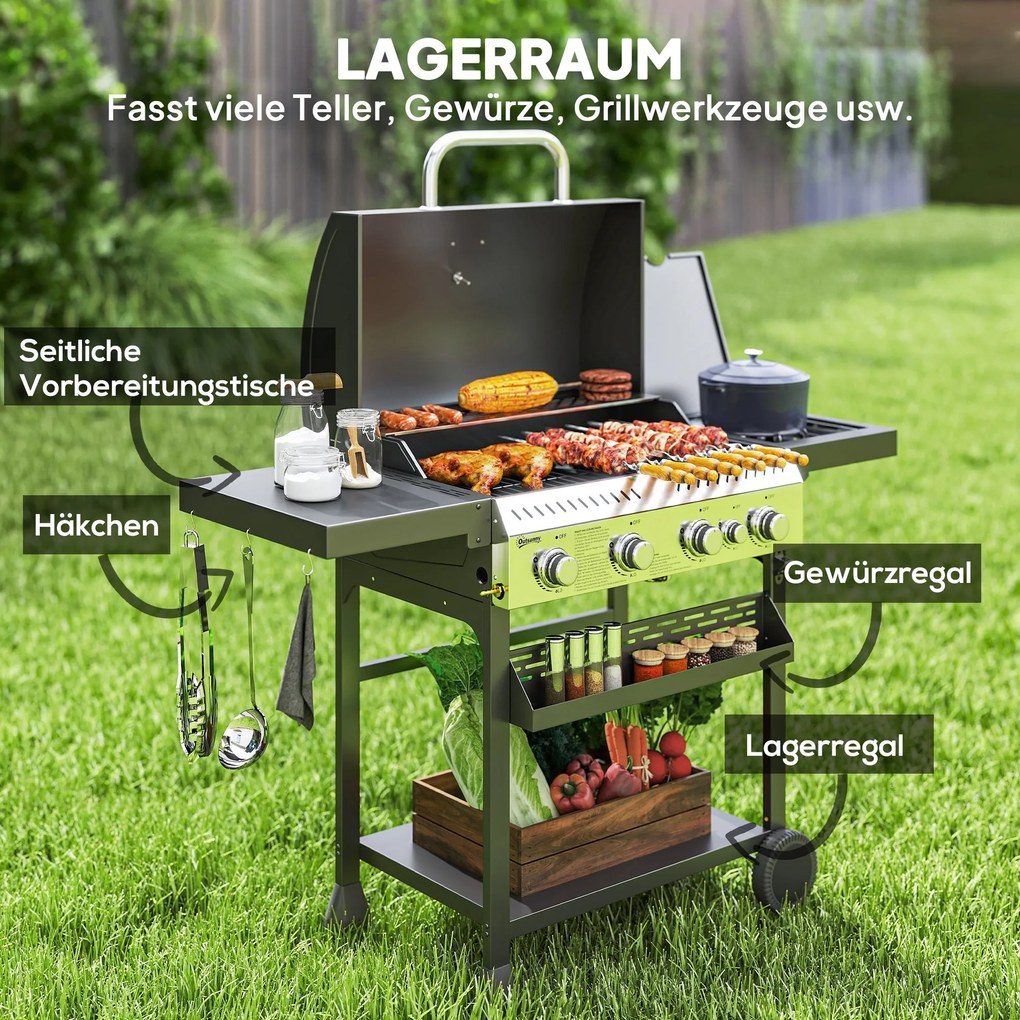 Outsunny Grill Gazowy BBQ, 4 Główne Palniki, 1 Boczny Palnik, 1 Płyta Do Podgrzewania; 135 x 55 x 103 cm, Czarny