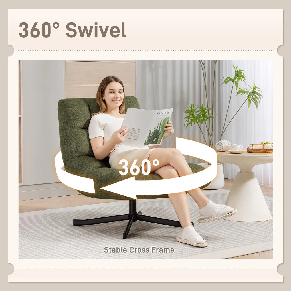 HOMCOM Fotel obrotowy lounge z szerokim siedziskiem, wodoodporna optyka chenille, skrzyżowane stalowe nogi, Zielony