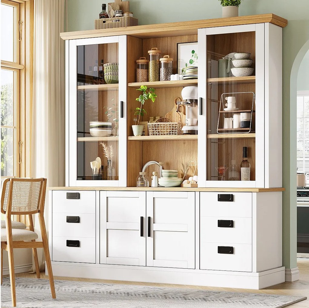 Wysoka komoda kuchenna - 140 x 40 x 185 cm - z 6 szufladami + drzwiami szklanymi + półkami - MDF - biała