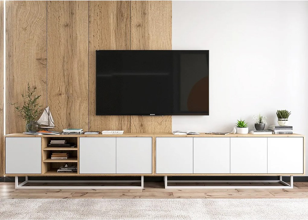 Szafka RTV z 7 drzwiami i 1 wnęką - korpus dąb wotan fronty biały mat - 300 cm, metalowy stelaż