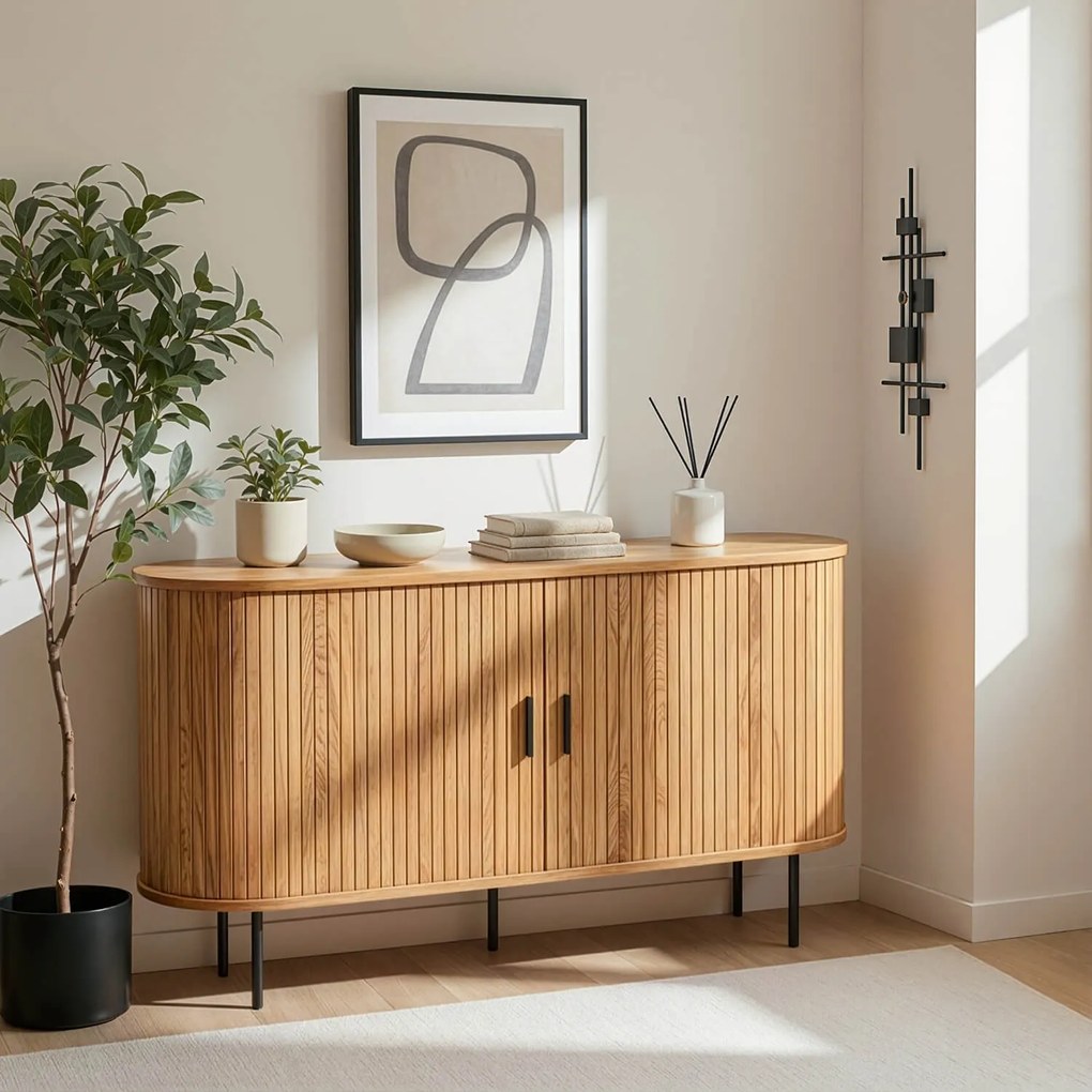 Komoda do Salonu Rozsuwana TRISH 140 cm Dąb Dwudrzwiowa Ryflowana Nowoczesna