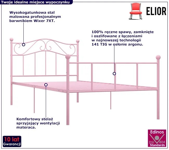 Różowe minimalistyczne łóżko z metalu 90x200 cm - Fiosa