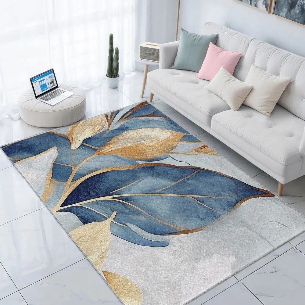 Chodnik w niebiesko-złotym kolorze odpowiedni do prania 80x200 cm Golden Leaves – Mila Home