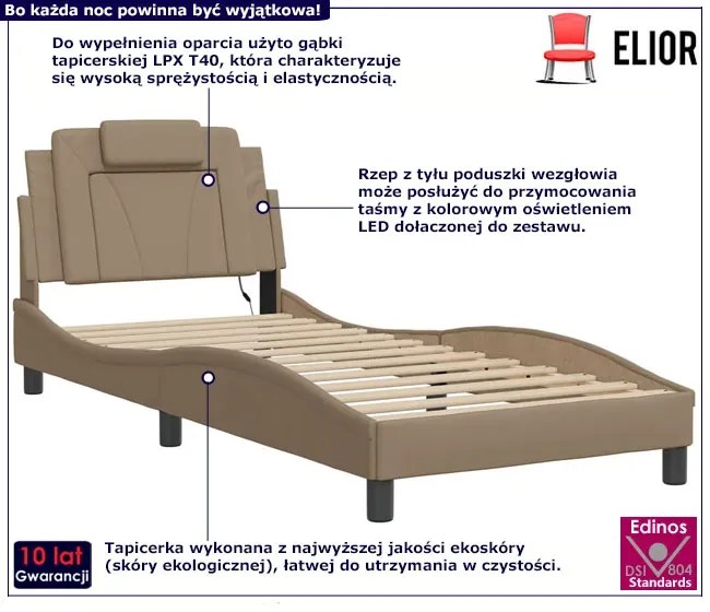 Jednoosobowe łóżko z oświetleniem LED cappuccino 90x200 - Izmo 4X
