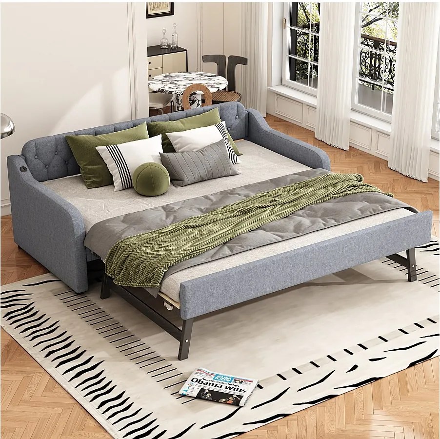 Łóżko pojedyncze z wysuwanym łóżkiem - 2 x 90 x 190 cm - Sofa rozkładana z USB - Pościel + MDF - szary