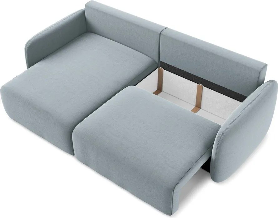 Niebieski aksamitny rozkładany narożnik ze schowkiem (lewostronny/z szezlongiem) Kalena – Makamii
