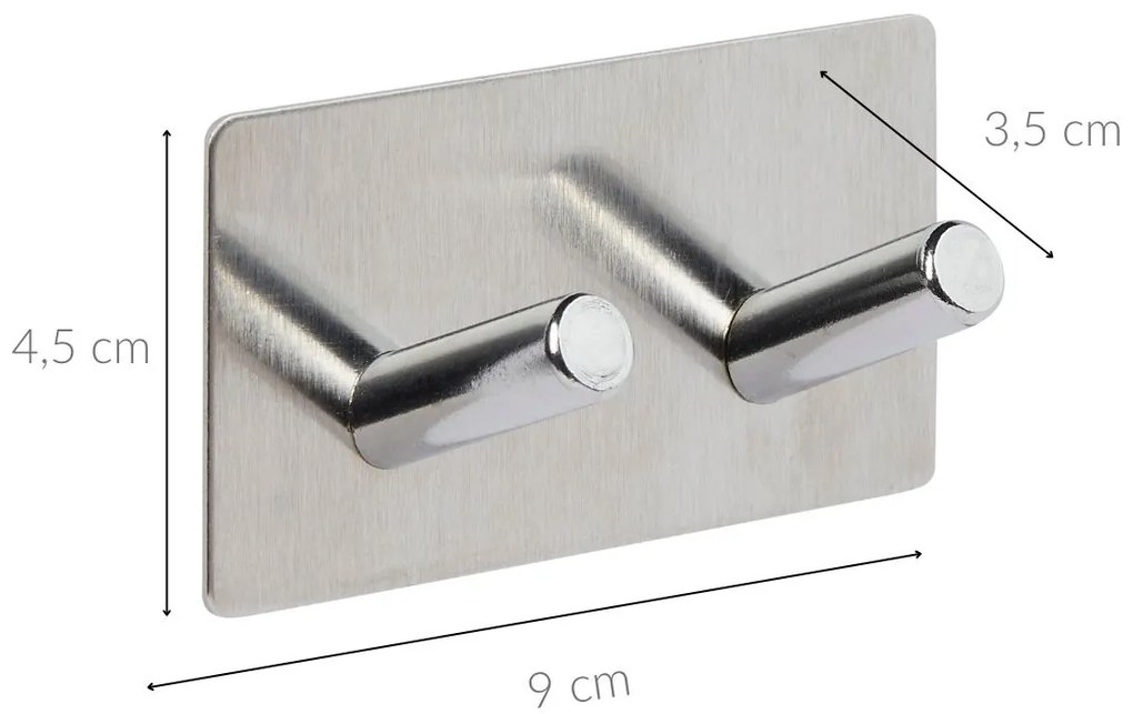 Haczyk samoprzylepny STIKY+ 2 wieszaki, stal nierdzewna, 9 x 3,5 x 4,5 cm