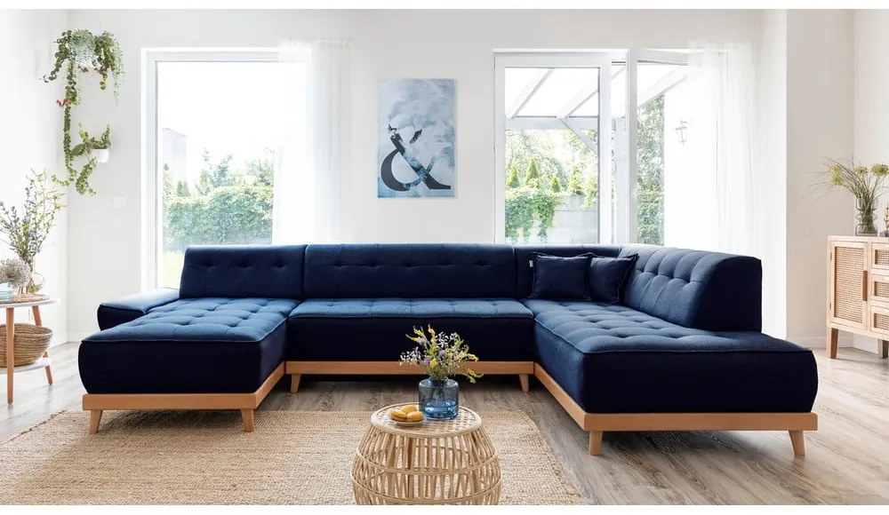 Granatowa rozkładana sofa w kształcie litery "U" Miuform Dazzling Daisy, prawostronna