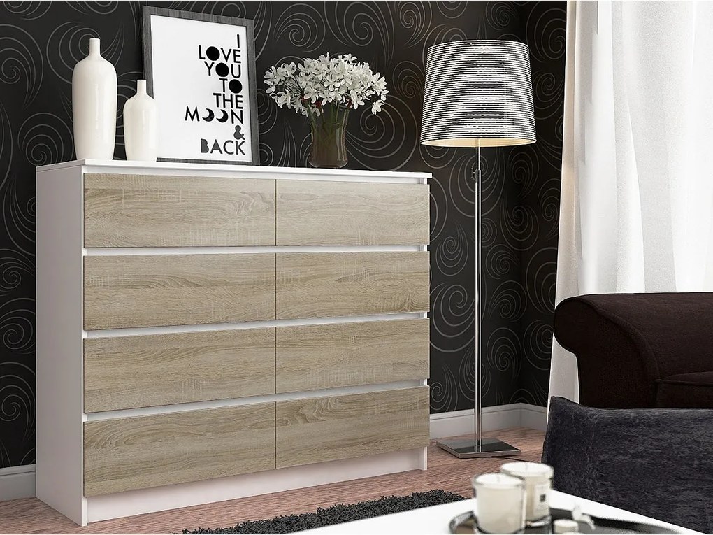 Komoda AKORD K120 Biała 120 cm 8 szuflad kolor Dąb Sonoma mat 120x40x99 cm