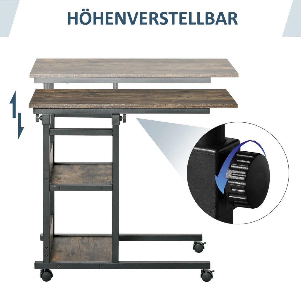 Stolik pomocniczy Stolik na kółkach do kanapy z regulacją wysokości 2 dolne półki jadalnia | Aosom.pl