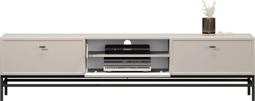 Szafka RTV Lorini 200 cm z szufladami - kaszmir / czarne uchwyty T-bar / stelaż