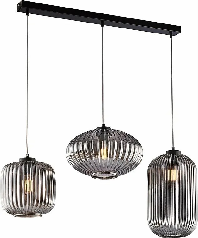 Glamour Track lampa wisząca z czarnego lakierowanego żelaza, regulowane kable, klosze z lustrzanego szarego szkła, 3 światła