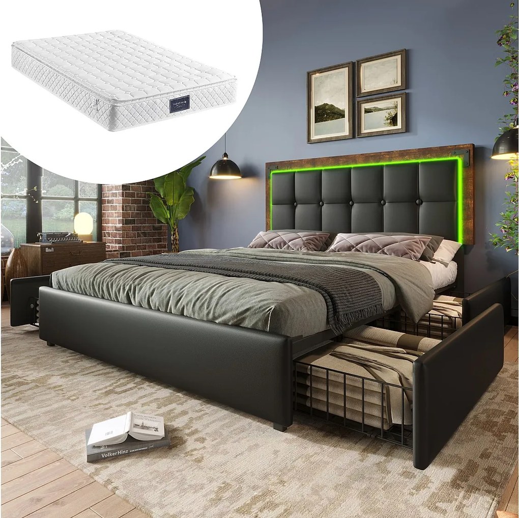 Łóżko tapicerowane z pojemnikiem na pościel - 160 x 200 cm - Materac + LED-y + 4 szuflady + Regulowany zagłówek - Skóra PU - Czarny