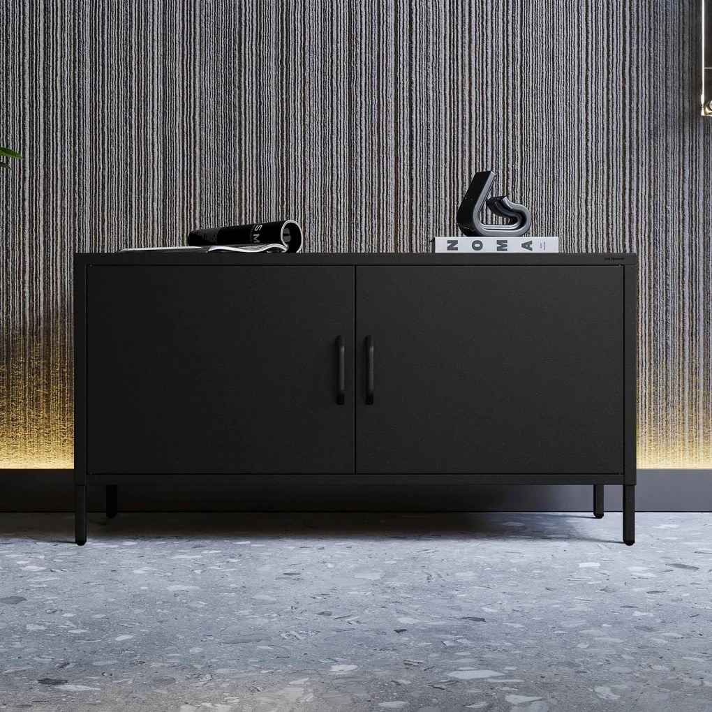 Szafka RTV metalowa na nóżkach czarna, 1150x595x400 mm: ROSA Modern