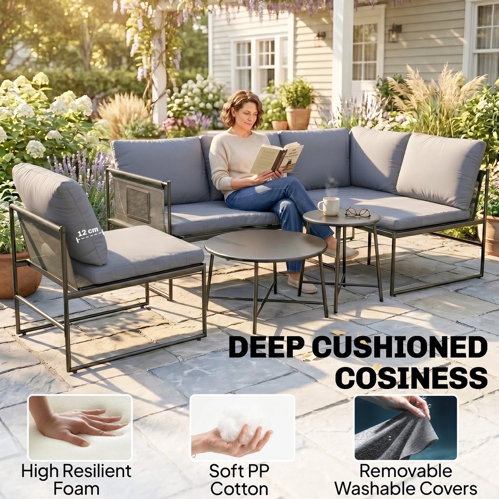 Outsunny Zestaw mebli ogrodowych lounge, 4-5 osób, kanapa dwuosobowa, stolik, krzesło, grube poduszki, siatkowe siedziska | Aosom PL