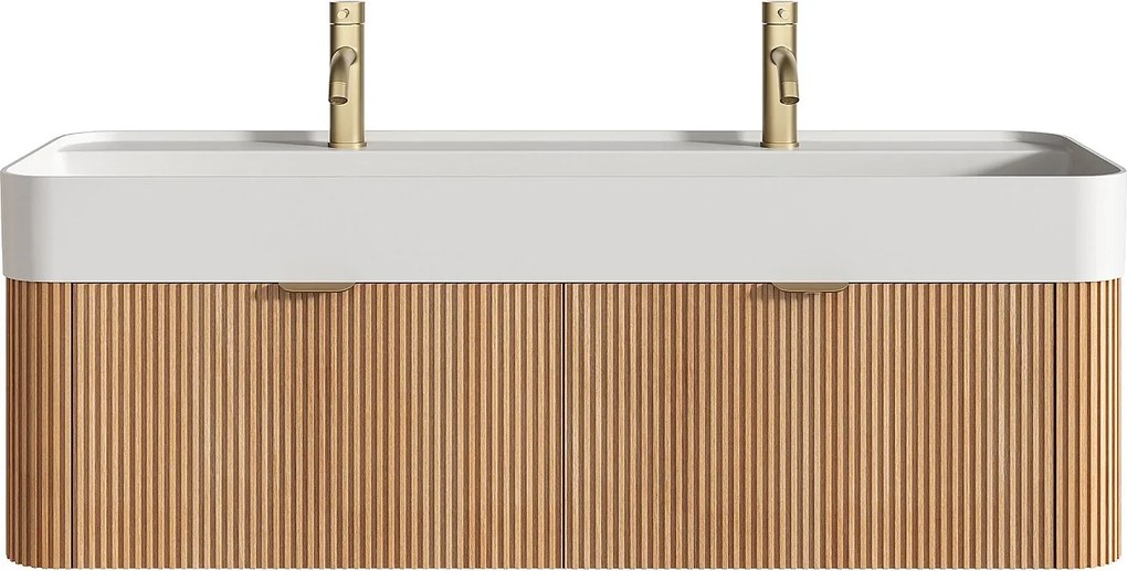 Wisząca szafka łazienkowa z prążkowanego drewna jesionowego z podwójną umywalką podblatową do zabudowy i baterią - Jasny naturalny - 120 cm - BULMAS