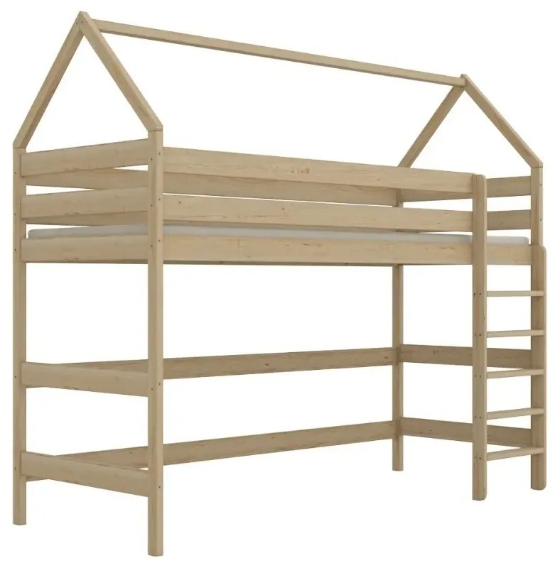 Łóżko domek na antresoli TOBI 2 160x80 sosna naturalna lakierowana  KOCOT KIDS