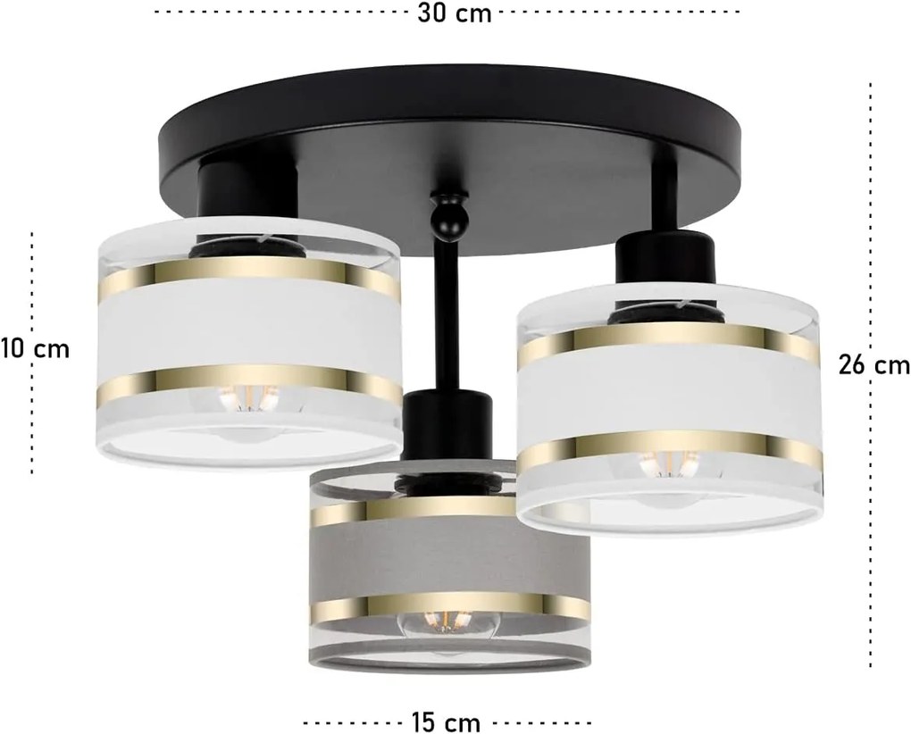 Lampa sufitowa czarna trzypunktowa z szaro-białymi abażurami T-3030SC-