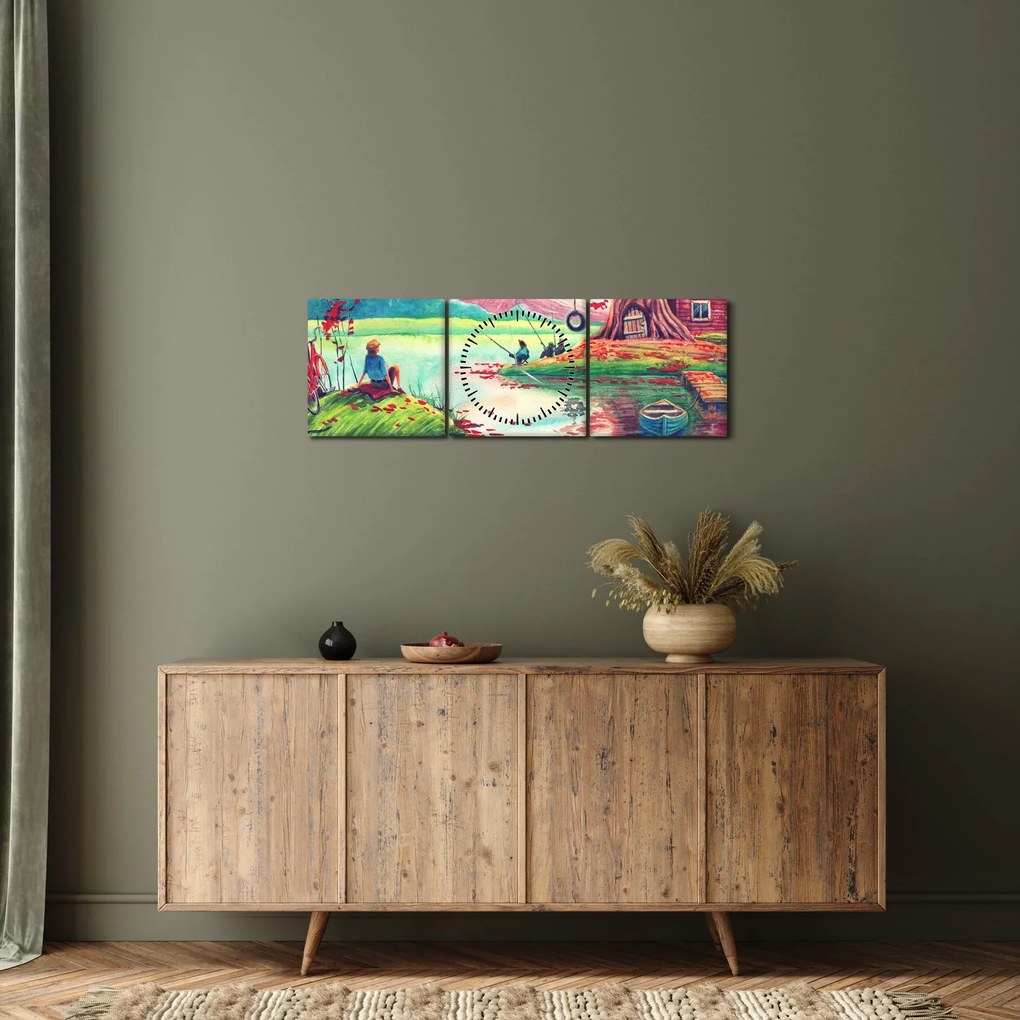 Obraz - Akwarela, Bay in a mountain village (z zegarem) (90x30 cm)