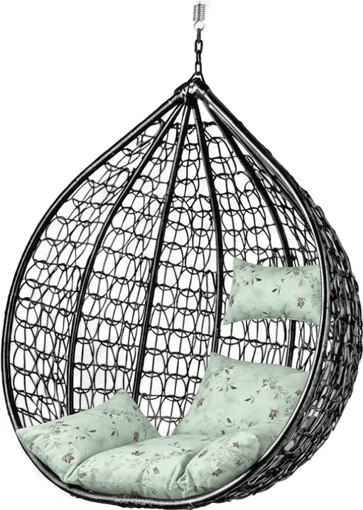 Czarne wiszące krzesło KOKON bez stojaka, jasnozielona poduszka ze wzorem