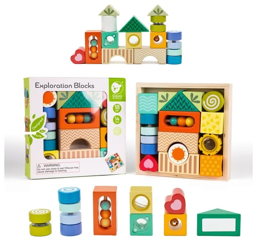 Classic world drewniane klocki sensoryczne 7 funkcji układanka multifunkcyjna kształty dźwięk montessori 14 el.
