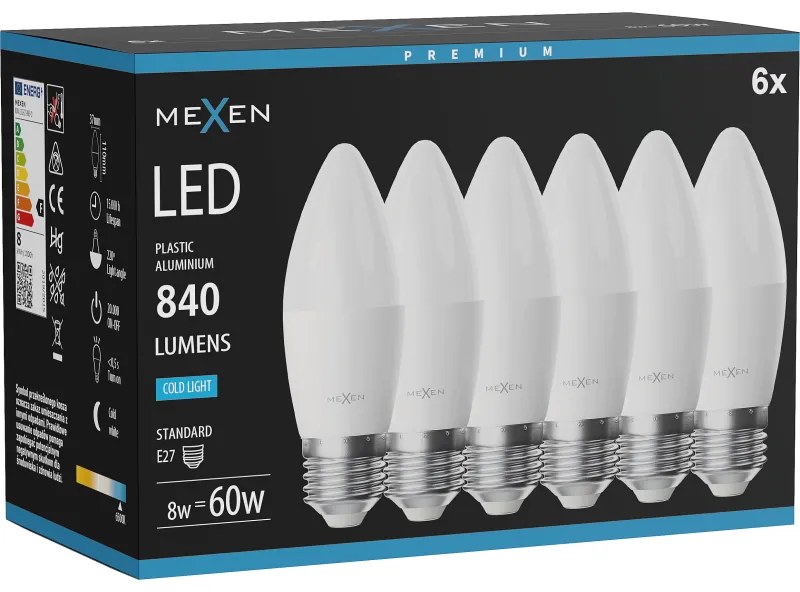 Mexen Nova 6x żarówka LED E27, C37, 8W, Zimna - 6500K, 840 lm - L102-E27-0865-01x06