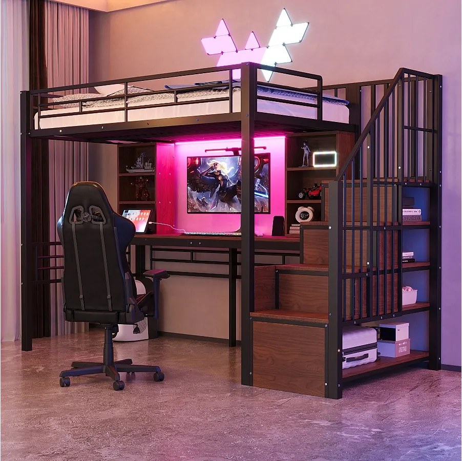 Łóżko piętrowe metalowe dla dzieci - 90 x 200 cm - z drabinką + półki + stolik + diody LED - czarne
