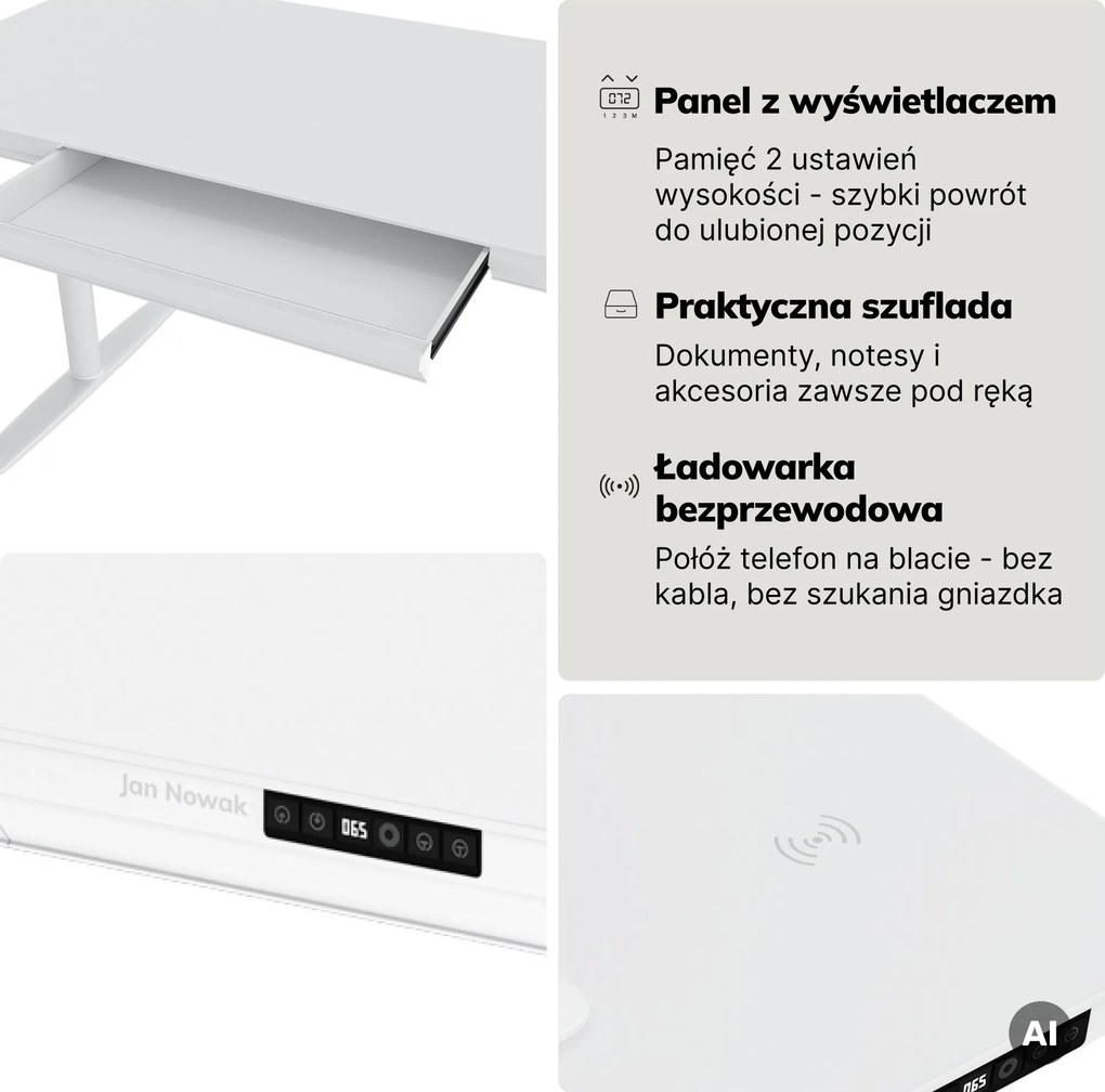 Biurko elektryczne sit-stand z szufladą i ładowarką bezprzewodową Qi białe, 1400 mm: ELLIS