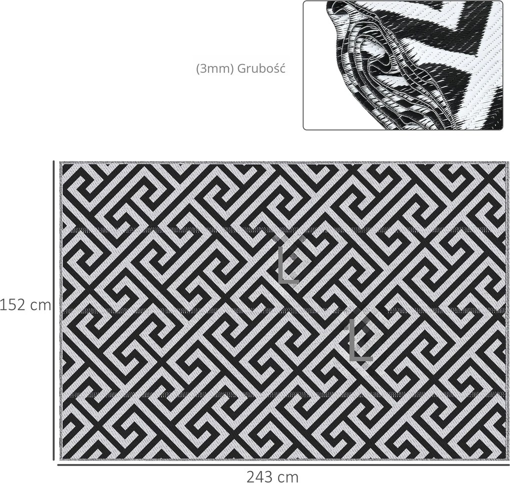 Outsunny Dywan Zewnętrzny Wodoodporny z Plastiku 152x243cm Wzór Czarno-Biały Stylowy i Praktyczny | Aosom PL