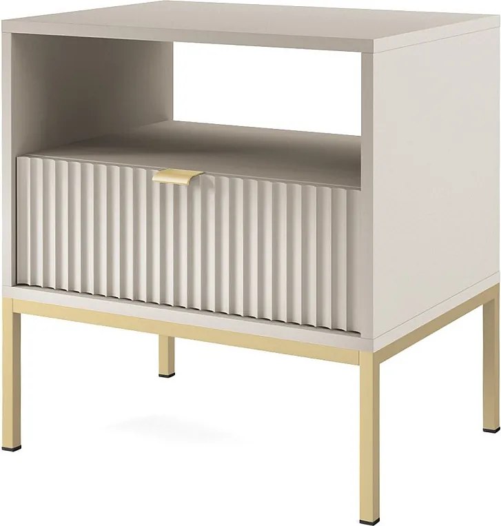 Stolik nocny: 1 szuflada, kaszmir, stelaż złoty, 54 x 56 x 39 cm, złote uchwyty