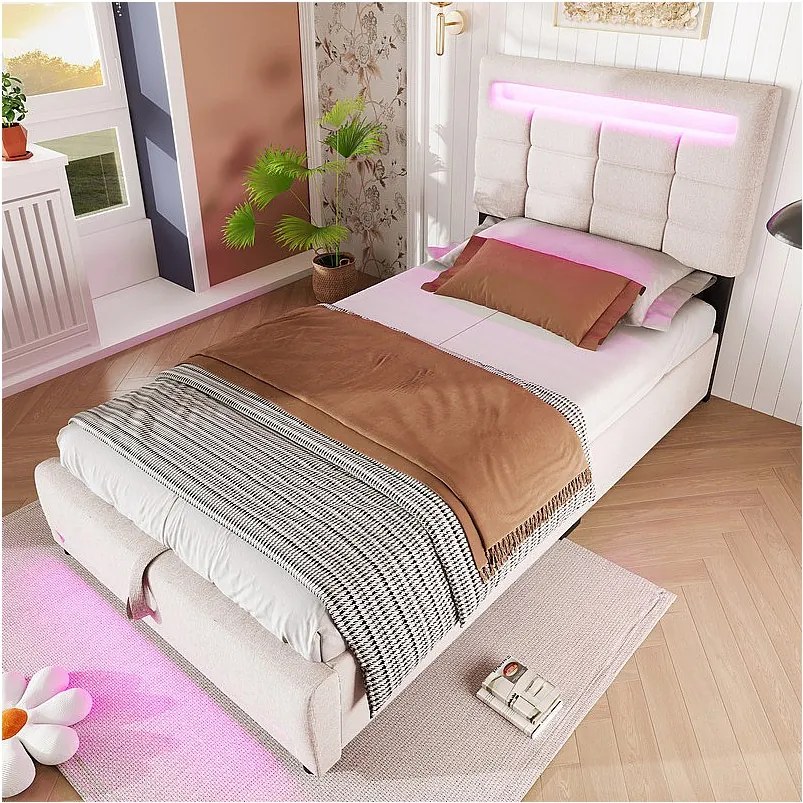 Łóżko tapicerowane 90x200cm - z oświetleniem LED - len - szare (bez materaca)