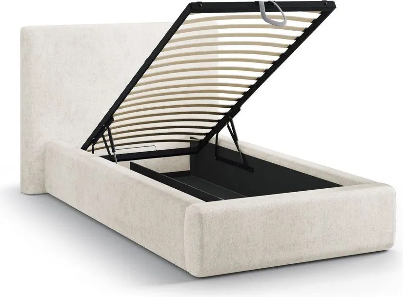 Kremowe tapicerowane łóżko jednoosobowe ze schowkiem i stelażem 90x200 cm Amy – Micadoni