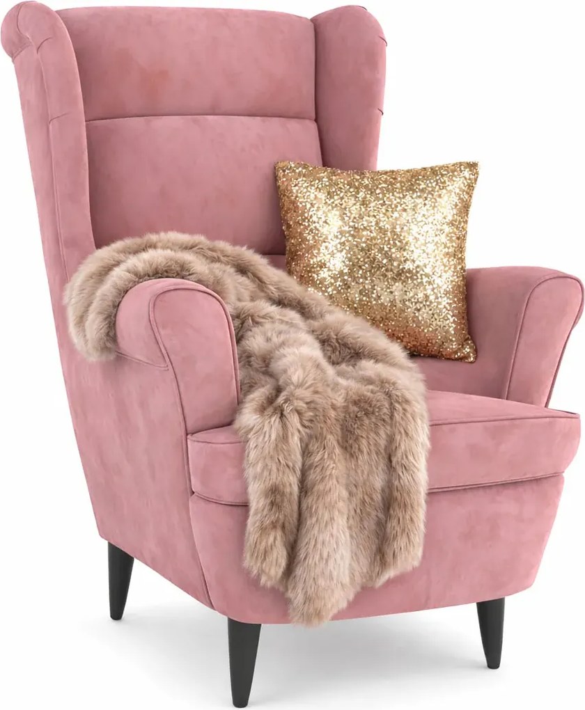 Różowy tapicerowany welurem fotel uszak G2-P27