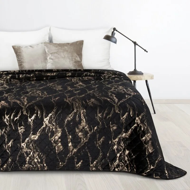 Narzuta na łóżko welwetowa marmurek elegancka 170x210 cm czarno-złota
