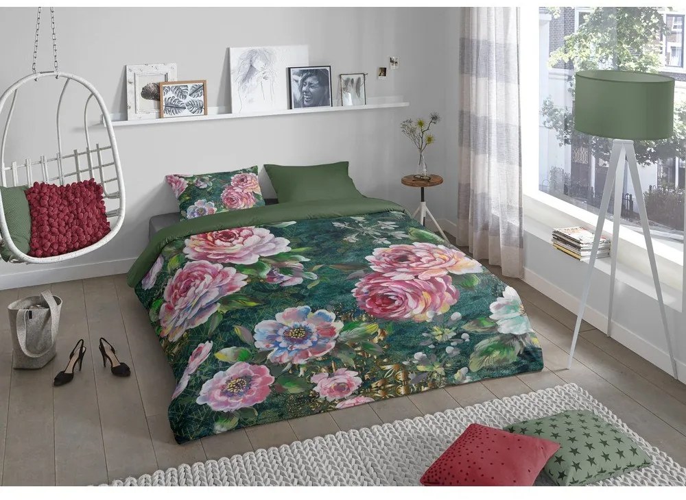 Zielona bawełniana pościel jednoosobowa 140x220 cm Fleur – Good Morning
