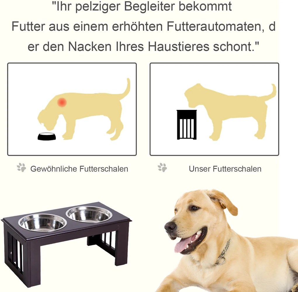 PawHut® Stojak na Miski dla Psa Kota Podwyższony 2 Miski Stal Szlachetna Płyta MDF Kawowy | Aosom.pl
