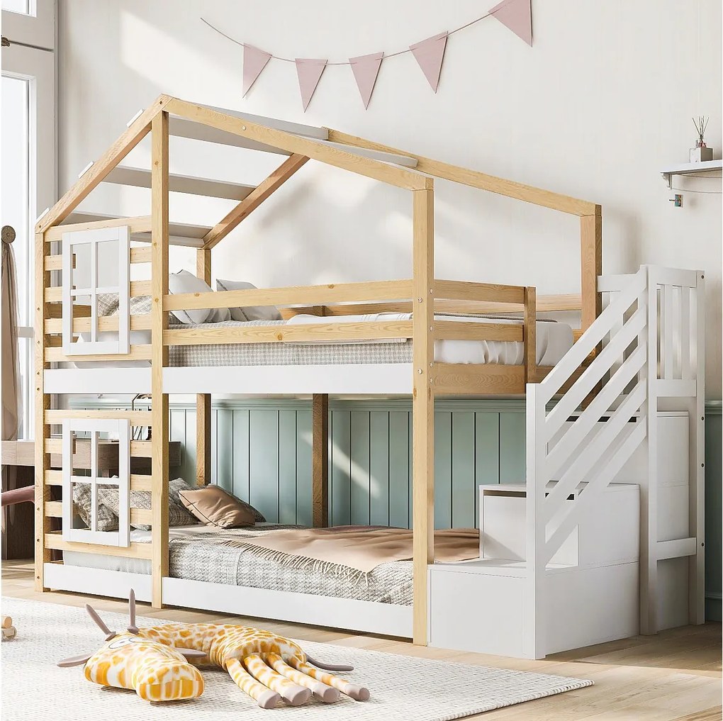 Łóżko piętrowe dwuosobowe - 2 x 90 x 200 cm - sosna i płyta MDF - schody, okna i stelaż - naturalny i biały