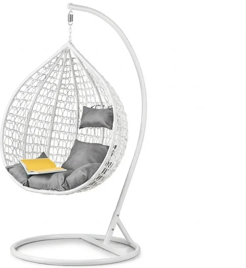 Białe wiszące krzesło KOKON ze stojakiem, szara poduszka