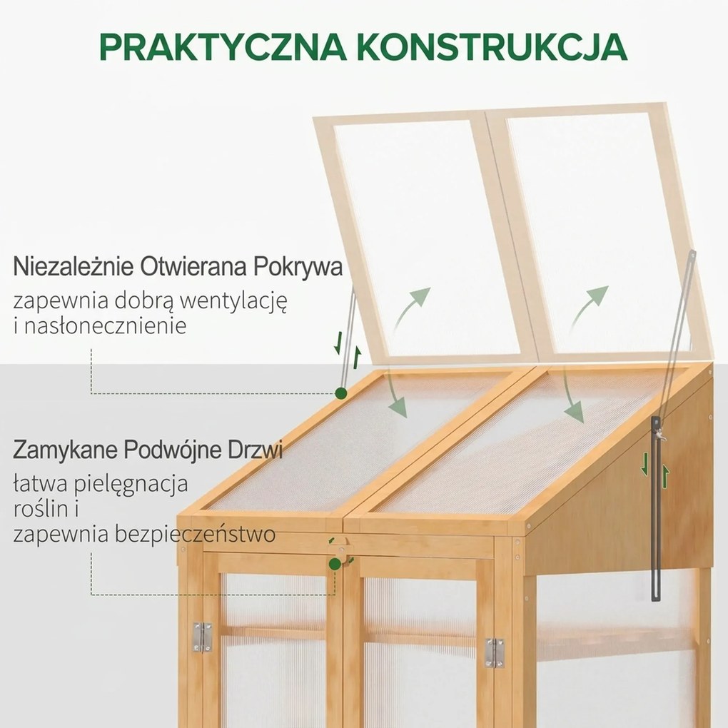 Outsunny Mini szklarnia, mała szklarnia z ramą drewnianą, oknami i podwójnymi drzwiami, 3 półki, 70Dł x 50Szer x 120Wys cm, Brązowa