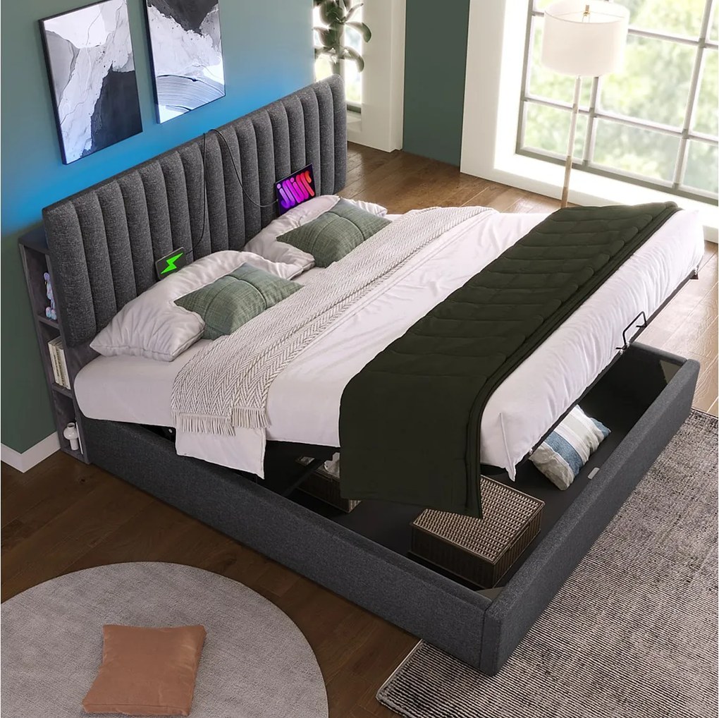 Łóżko dla dorosłych 160x200 cm - z zagłówkiem i schowkiem, USB/Typ C, LED, stelażem - len - szary - bez materaca