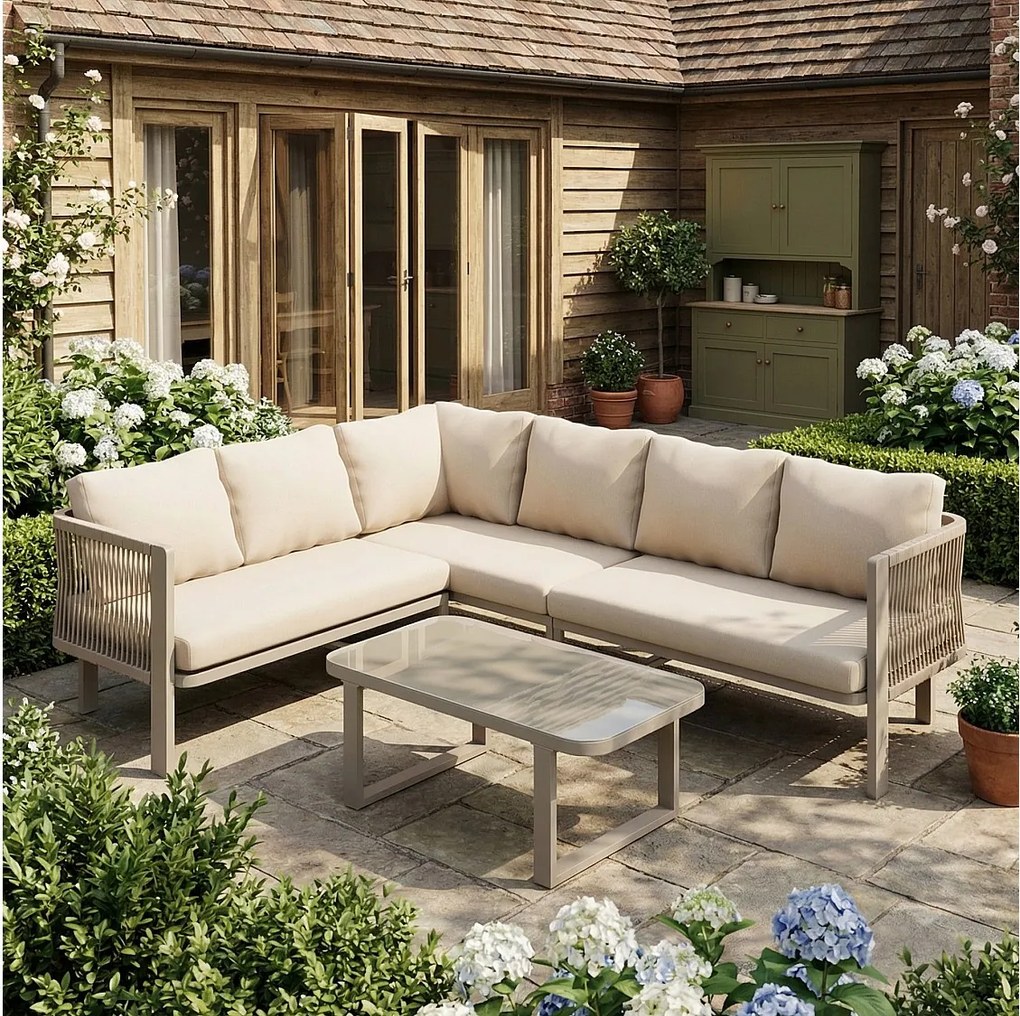 Zestaw mebli ogrodowych 6-osobowy - 225 x 175 x 77 cm - ze stolikiem kawowym i sofą - Poliester + metal - khaki