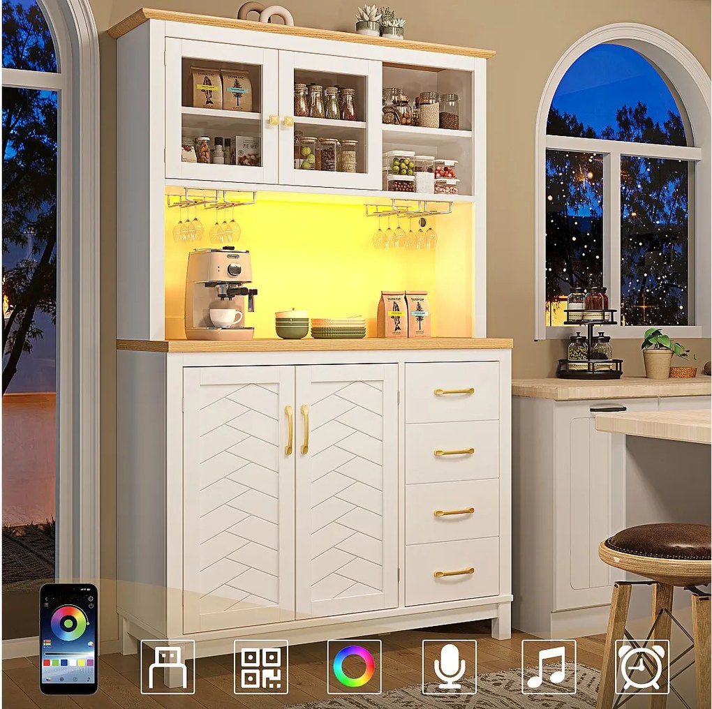 Kredens kuchenny w stylu rustykalnym - 105,5 x 40 x 180 cm - 4 drzwi + oświetlenie LED + uchwyty na kubki + szuflady - płyta MDF - biały