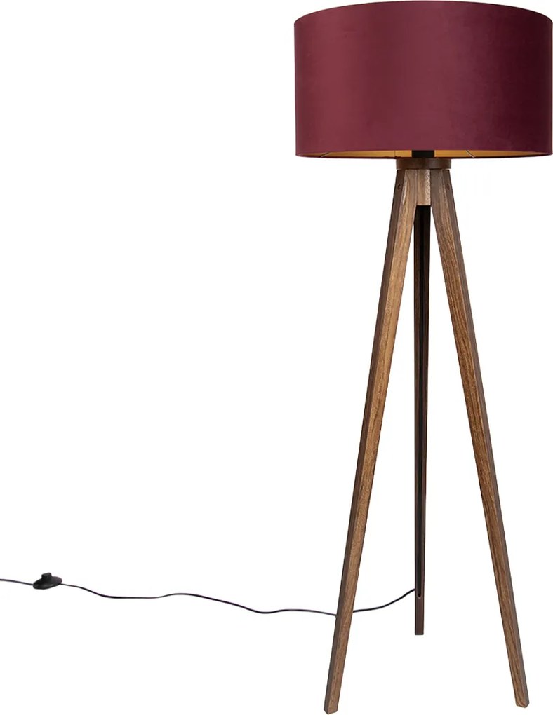 Lampa podłogowa Trójnóg z drewna orzechowego z czerwonym kloszem i złotym wnętrzem 50 cm - Tripod Classic